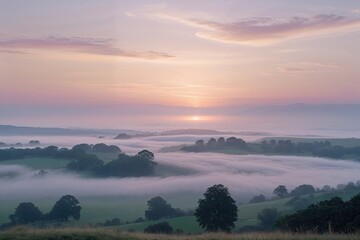 Obraz premium Cozy Dawn Horizon with Pastel Shades and Gentle Rolling Mists in Serene Awakening