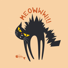Cute cartoon black cat angry with MEOW text vector illustration for cover, t-shirt, printing, packaging, fabric, postcard, clothing and others