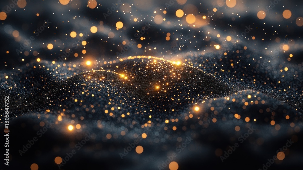 Wall mural abstract dark background with glittering particles forming wavy shapes and bokeh lights.