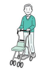 シルバーカーを押して歩く高齢男性の全身イラスト