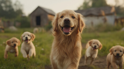 Golden Retriever Family: Capture the heartwarming scene of a golden retriever with its adorable puppies, exuding happiness, and creating a feeling of warmth and belonging. 