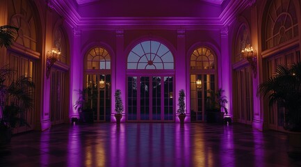 Grand Hall with Purple Lighting and Classical Architecture