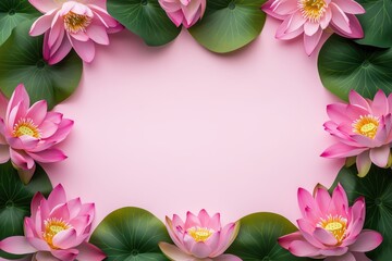 Moldura floral com flor de lótus rosa e folhas verdes vibrantes sobre fundo rosa suave, criada com IA generativa para um design delicado e natural