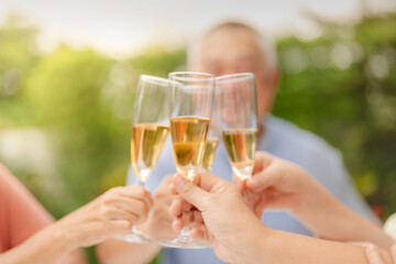 A group of people clink champagne glasses together in a celebratory toast. The image conveys joy, celebration, and togetherness in an outdoor setting, symbolizing special moments and shared happiness.