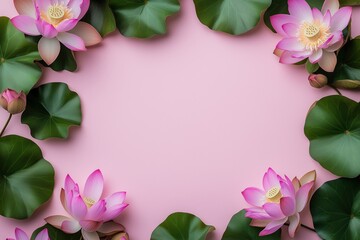 Fototapeta premium Moldura floral com flor de lótus rosa e folhas verdes vibrantes sobre fundo rosa suave, criada com IA generativa para um design delicado e natural