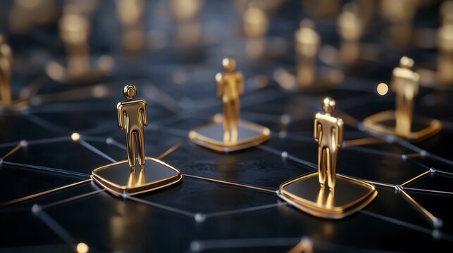 Golden Figurines on a Digital Network Background in 3D Render
