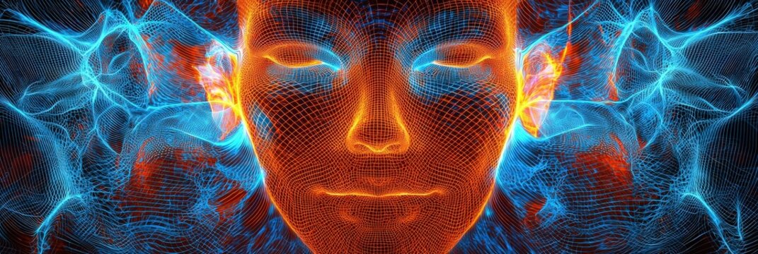 Symmetrical digital face wireframe with cosmic energy