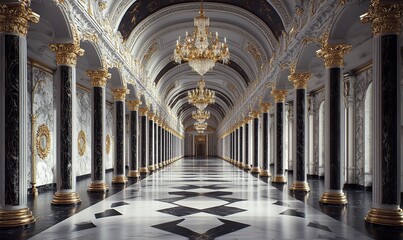 Fototapeta premium Grand Palace Hallway Interior: Marble Columns Gold Accents