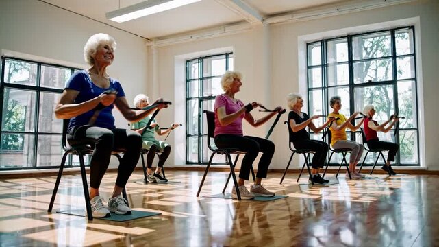 A low-angle video captures elderly women in a bright studio, exercising with resistance bands on chairs, highlighting active aging and wellness.