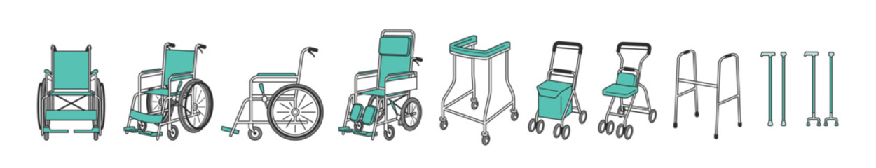  車いすとシルバーカーと杖などの介護用品セットイラスト