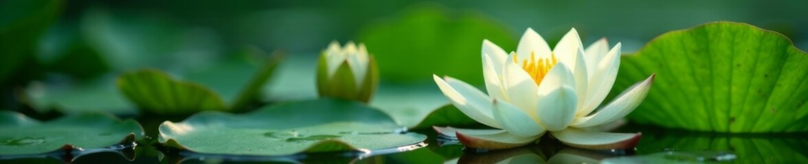 Obraz premium Delicate water lily plant with white and green petals, water, garden