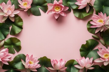 Fototapeta premium Moldura floral com flor de lótus rosa e folhas verdes vibrantes sobre fundo rosa suave, criada com IA generativa para um design delicado e natural