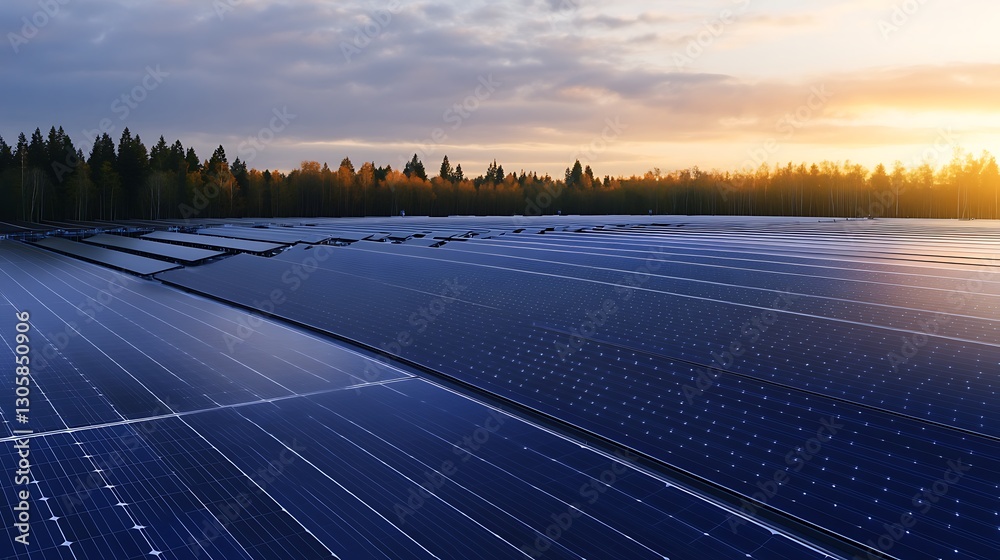 Poster ai-powered solar panel factory showcasing futuristic technology and advancements in manufacturing pr