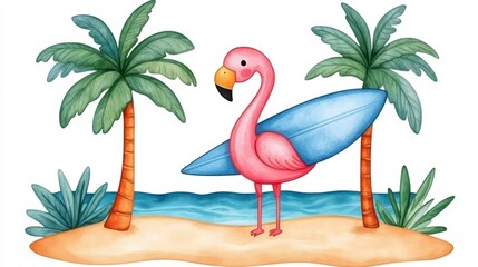 Colorful Flamingo with Surfboard Surrounded by Tropical Palms