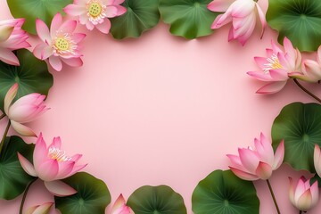 Obraz premium Moldura floral com flor de lótus rosa e folhas verdes vibrantes sobre fundo rosa suave, criada com IA generativa para um design delicado e natural