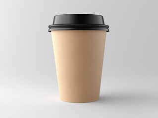 Eco-Friendly Personalizable Takeaway Coffee Cup with Black Lid on Neutral Background: Modern Drink Packaging and Branding Opportunity Mockup