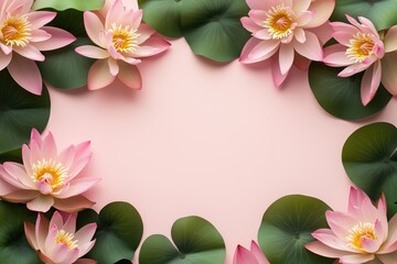 Fototapeta premium Moldura floral com flor de lótus rosa e folhas verdes vibrantes sobre fundo rosa suave, criada com IA generativa para um design delicado e natural