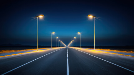 A well-lit road at night with bright street lights guiding the way through the urban landscape