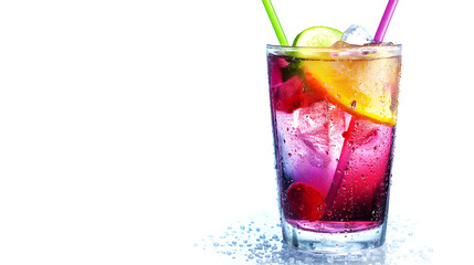 A glass of pink drink with a lime and a straw in it