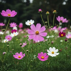 Fototapeta premium Cosmos flowers is the Greek word for harmony, or an ordered universe, and is the exact opposite of chaos to describe the wild explosion of color these attractive flowers bring to a home landscape.