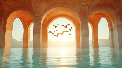 Serene sunset over tranquil waters with arches and birds flying in the background