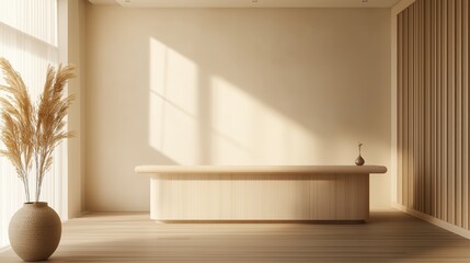 Minimalist Office reception in neutral pastel colors, light wood, watercolor zen artwork decor, airy peaceful workspace for fitness or yoga studio, spa, massage, beauty business. Calming for wellness