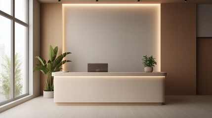 Minimalist Office reception in neutral pastel colors, light wood, watercolor zen artwork decor, airy peaceful workspace for fitness or yoga studio, spa, massage, beauty business. Calming for wellness