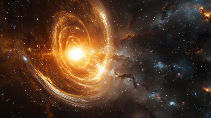 Obraz premium A bright burst of cosmic energy, showing a space-time continuum being stretched and compressed in abstract patterns, with no human presence in the scene. Cosmic - Galaxy. Illustration