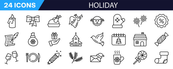 Holiday icon set. Christmas decoration. Linear style.