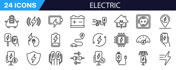 Electric car icons set. Linear style. Charging icon. © LOBSTER LARRY