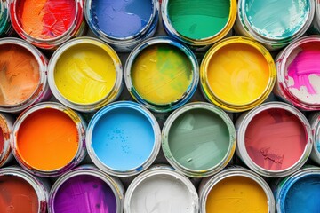 Fototapeta premium Vibrant paint cans in assorted colors arrange neatly
