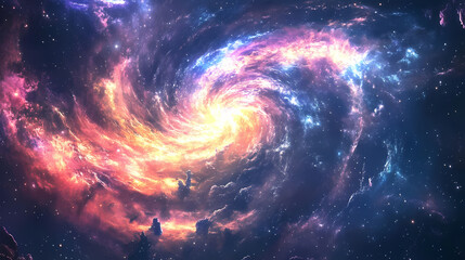 Obraz premium Abstract swirling celestial artwork depicting a vibrant cosmic dreamscape with dynamic energy and flowing colors. Cosmic - Galaxy. Illustration