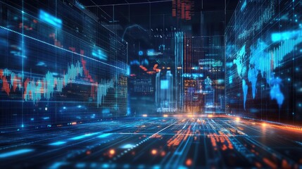 Modern economic transformation displayed with a holographic world, crypto coins, and stock indicators.