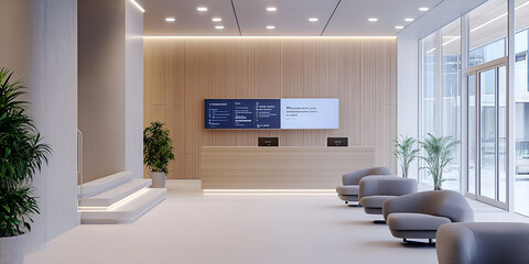 Modern Office Reception Area with Stylish Furniture and Plants

