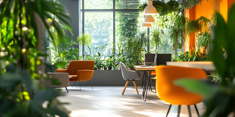 Bright and Cozy Modern Office with Plants and Comfortable Seating