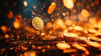 Coins falling in slow motion, wealth accumulation concept