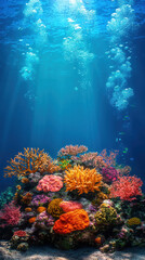 Fototapeta premium Vibrant coral reef full of colorful marine life in crystal clear ocean water beneath the surface