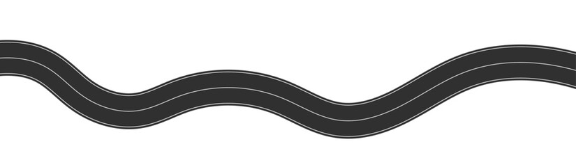 Winding road top view, curved highway path with lane markings, race track or travel route map, wavy roadway design. Flat vector illustration isolated on white background.