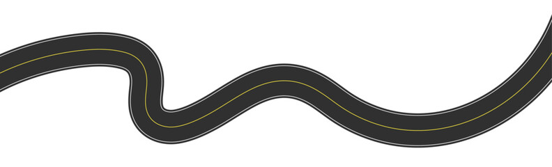 Winding road top view, curved highway path with lane markings, long trip route map, wavy street track design. Flat vector illustration isolated on white background. © Viktoria