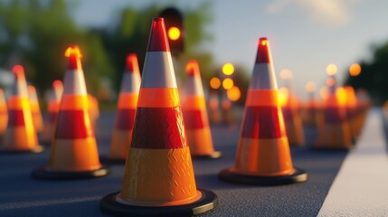 Roadwork safety inspection with barricades, traffic cones, and warning lights.