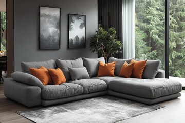 Light gray fabric multi-person chaise lounge sofa with armrests on both sides and a back cushion, modern living room furniture.