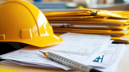 Safety inspection forms and compliance checklists stacked on a site office desk.