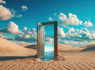 A door opens in the middle of an endless desert, leading to a blue sea with white clouds and waves