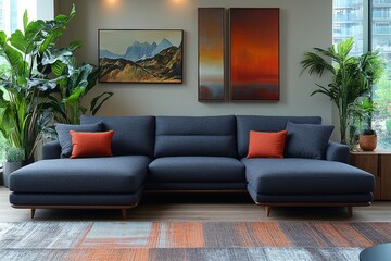 Modern dark gray fabric sofa with chaise lounge and wood legs, perfect for contemporary living room interior design.