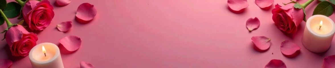 Fototapeta premium Soft pink box with rose petals, surrounded by candles and flowers, roses, valentines day