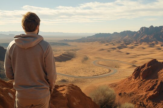 Adventure Awaits: Explore the Scenic Desert Landscape with Mountain Horizons and Tranquil Solitude