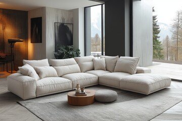 Fototapeta premium Modern L-shaped cream linen fabric sofa with chaise longue, large armrests and backrest, minimalist living room interior.