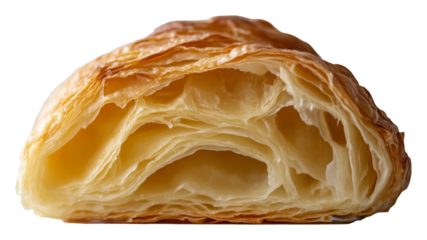 Close-up of flaky croissant layers with golden crust, food texture detail study