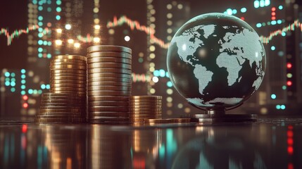 Stacked coins forming a financial tower next to a digital world globe, showcasing stock market trends.
