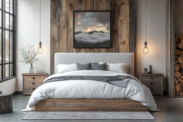 Modern rustic bedroom with white wood and grey-stained oak wall panels, a large bed, two nightstands, a low coffee table, and a gray floral rug under natural lighting.